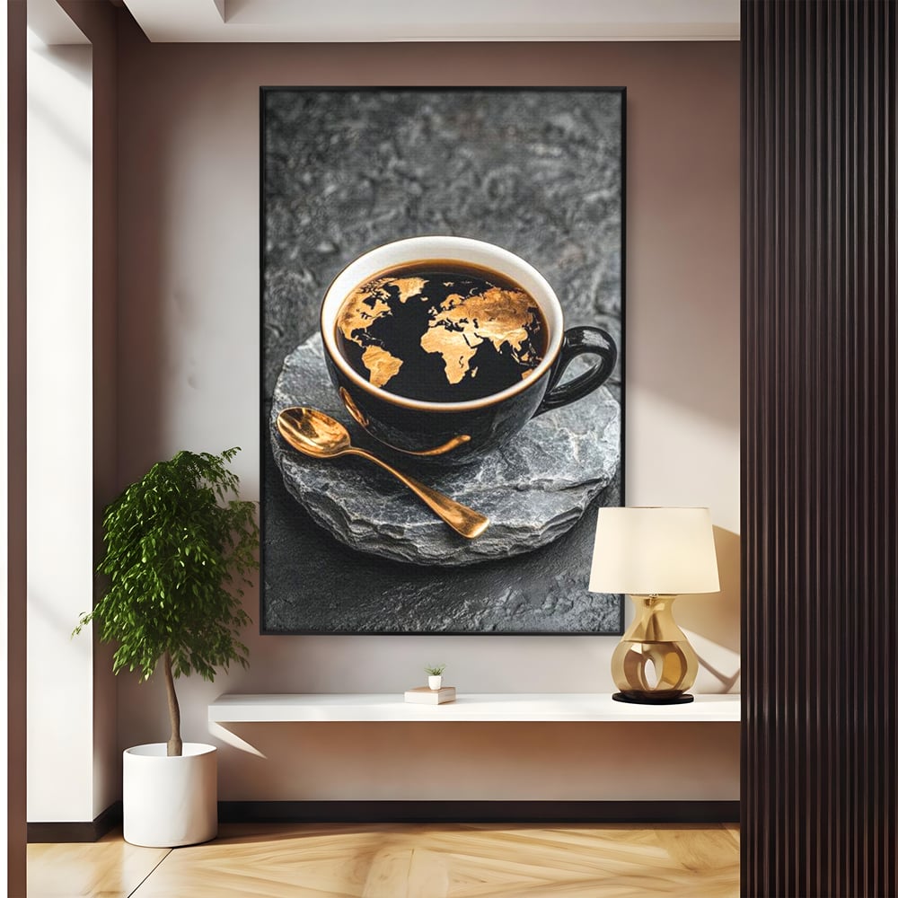 Tablou canvas cu tablou canvas cu ceasca de cafea si harta lumii, in rama de aluminiu negru